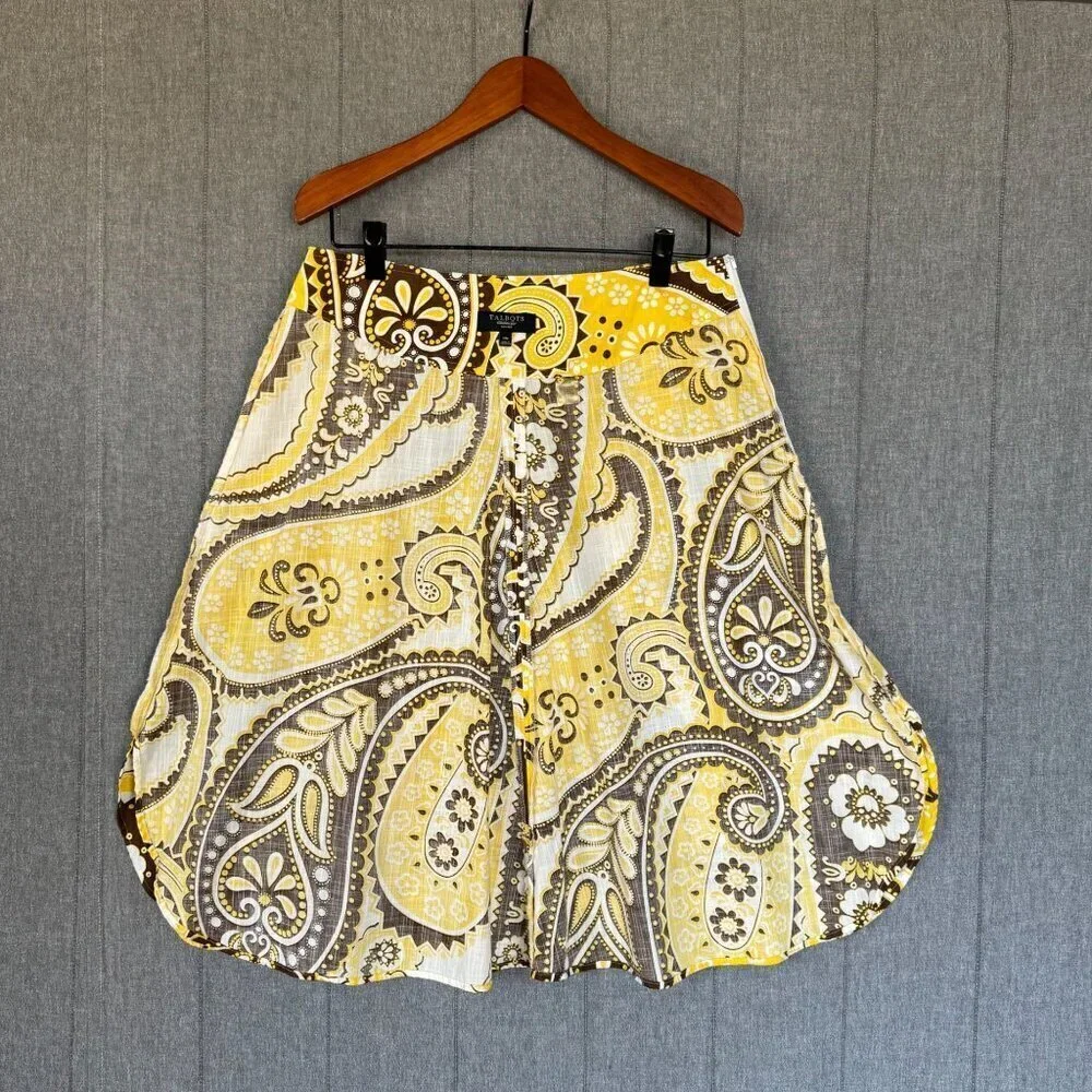 Vintage Talbots Yellow BrownPaisley Print A line Midi Skirt Plus Size 14 Petite